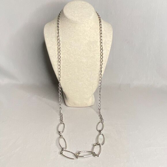 Silver Tone Oval Ring Opera Necklace Layerable Wide Open Links - Picture 1 of 9